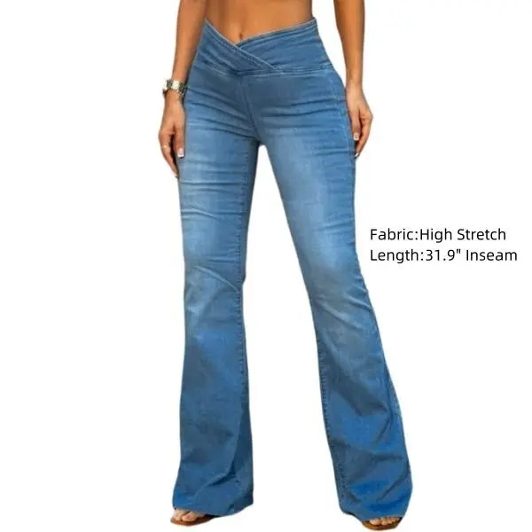 Flamingals Wash Wrap Mid Rise Stretchy Flare Jeans Fit Denim Blue Casual Womenswear Bottom Flamingals Wash Wrap Mid Rise Stretchy Flare Jeans Fit Denim Blue Casual Womenswear Bottom