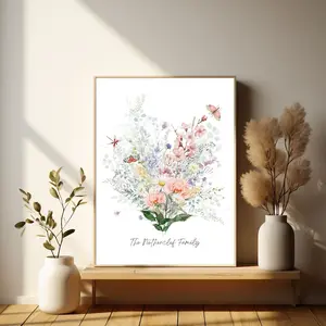 Birth Flower Family Bouquet – Personalized Watercolor Birth Flower Print, Wall Art Birthday Gift for Bedroom & Living Room, Minimalist Home Decor