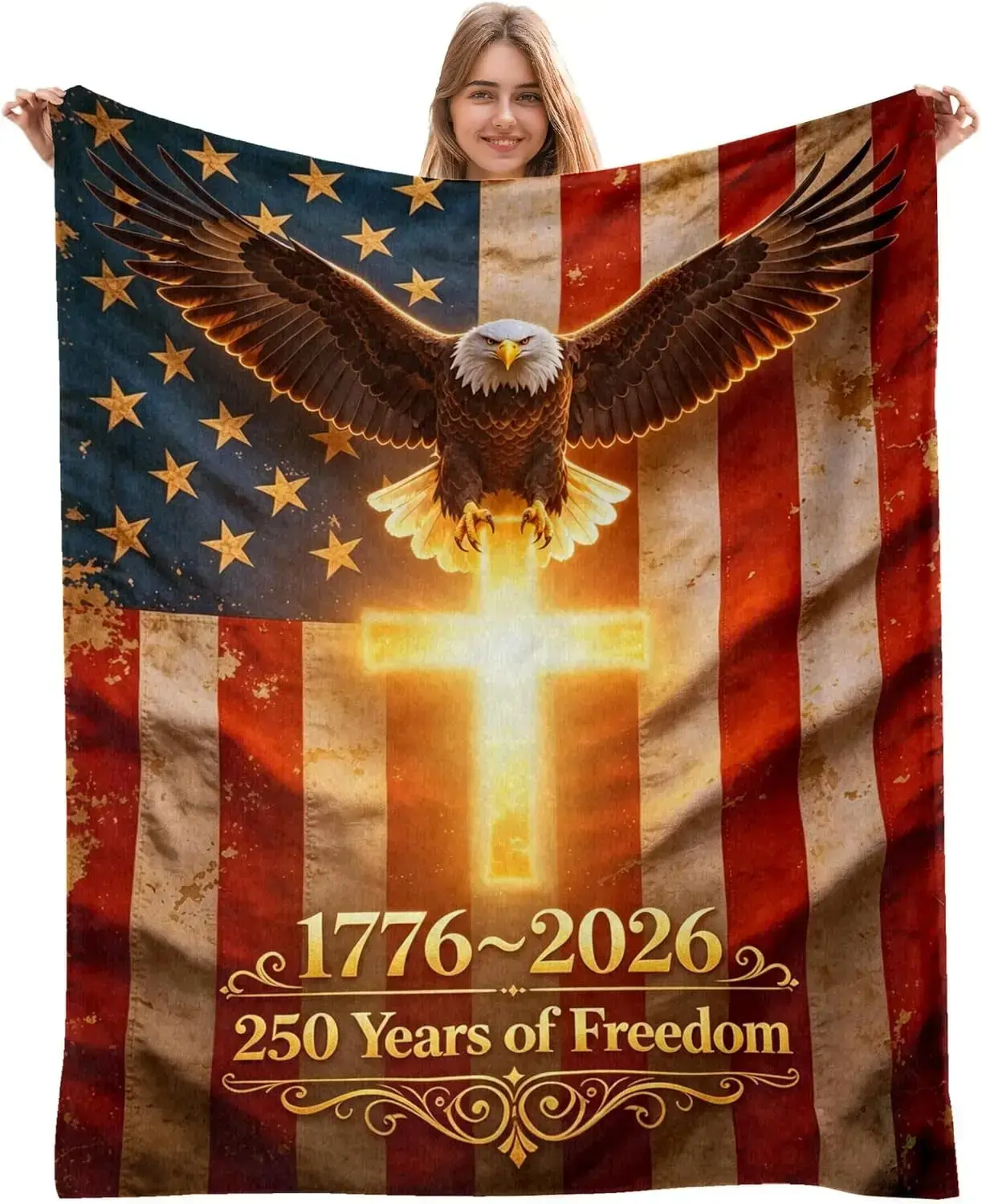 Soft Flannel Throw Blanket - america250 250th Anniversary USA Flag Commemorative (1776-2026) with Patriotic Motif, Eagle, Stars and Stripes, Flannel Fabric, US/Nation Pride American Patriotic Blankets for Independence Day Home Decor Gift