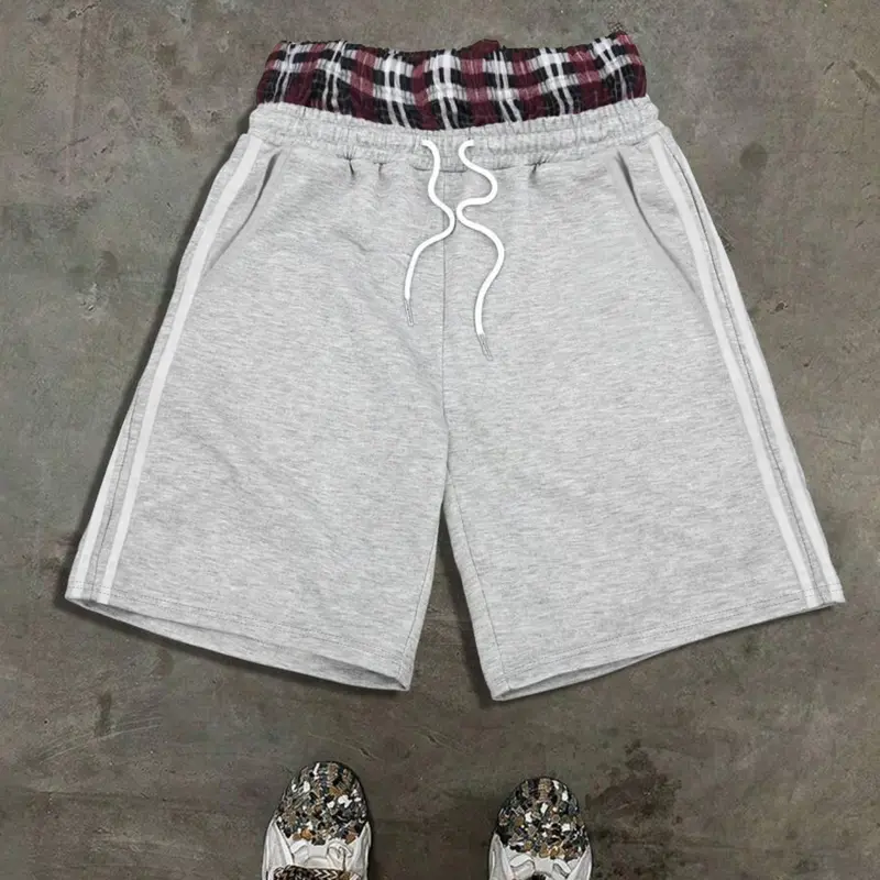 Trendy Men's Shorts with Plaid Waistband, Adjustable Drawstring for Comfort, Perfect for Casual and Sports Wear, Summer Fitted Shorts for Young Men, Casual Breathable Comfy Shorts, Casual Fashionable Shorts, Casual Plain Shorts, Daily Casual Shorts