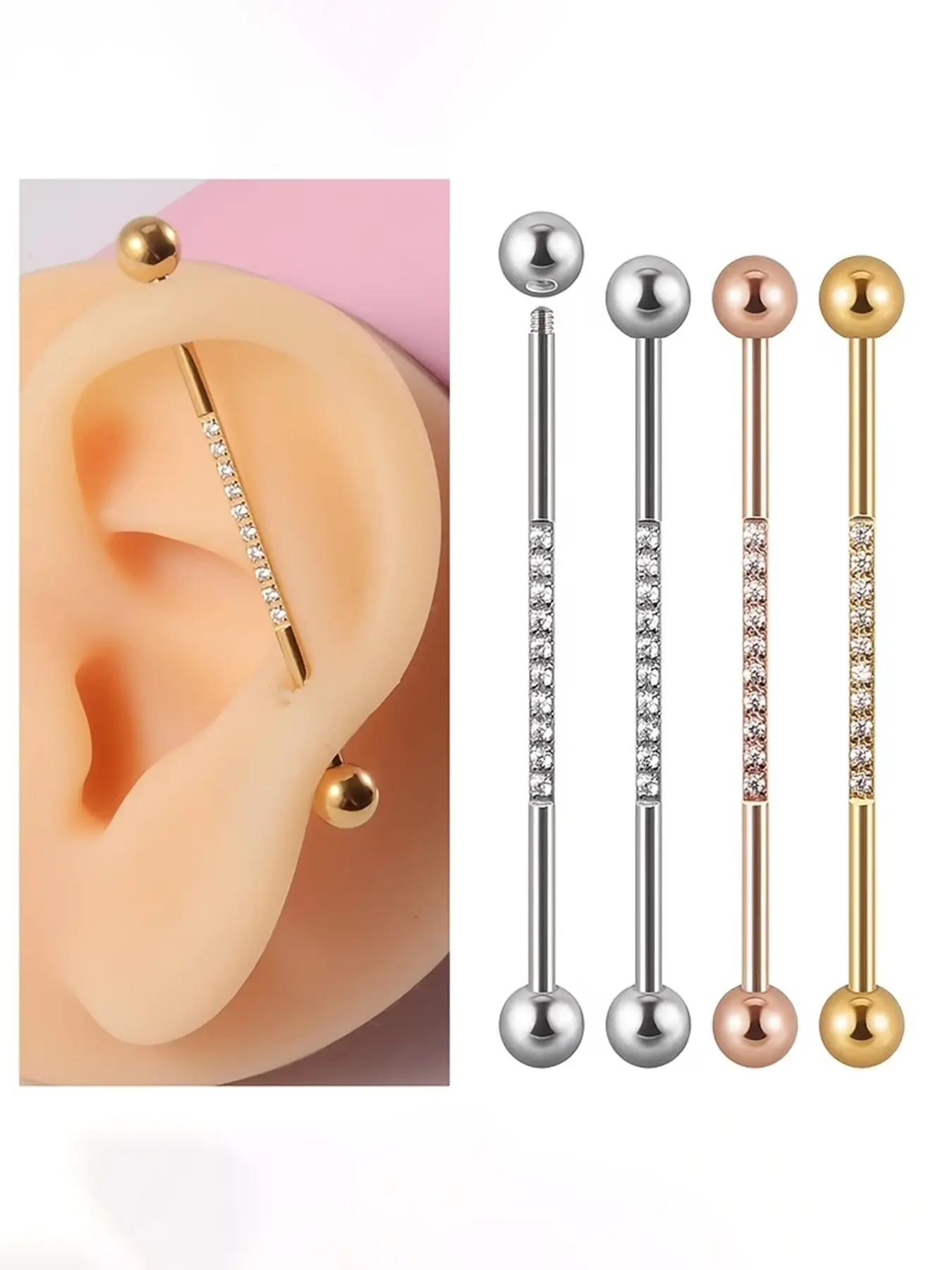 Stainless Steel Zircon Ear Cuffs, Fashionable Zircon Inlay Ear Bone Rings, European Punk Long Bar Piercing Jewelry, Trendy Accessories