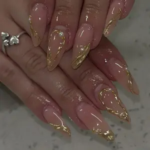 24 Pieces Medium Almond Shape 3D Foil Line Wearable Nails, Pearl Art Design for Elegant Nail Art Lovers