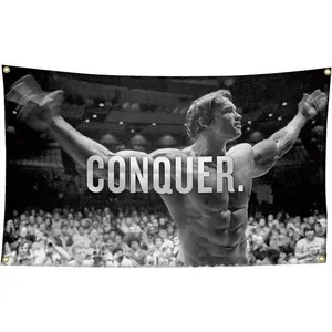 Arnold Schwarzenegger Conquer Motivational Inspirational Office Gym Wall Decor Flag Banner,3x5 Feet Flag Funny Poster Durable Man Cave Wall FlagTapestry Decor hop hip tapestry