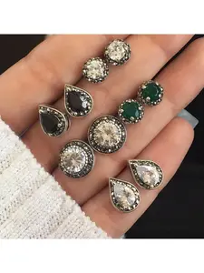 5 Pairs Of Dazzling Dark Green Black Gemstone Bohemian Earrings, Women's Tassel Crystal Stud Earrings Set - Fashionable Dangling Earrings, Light And Bold, Suitable For Any Occasion