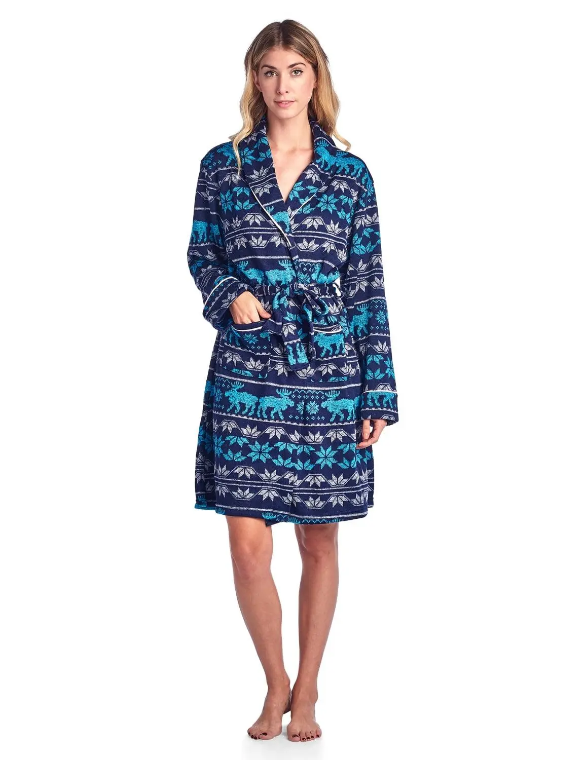 Ashford & Brooks Robe for Women, Cute Printed Sweater Fleece Loungewear, Wrap Gown with Long Sleeves, Shawl Collar and Pockets, Belt, Polyester, Fabric, Gowns, Modest, Feminine, Comfortable
