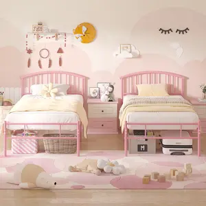 VECELO Twin Size Bed Frame with Headboard and Footboard, Heavy Duty Metal Slat Support, Platform Mattress Foundation, No Box Spring Needed, Easy Assembly, Pink