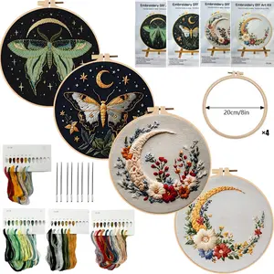 Beginner Embroidery Kit, Elegant Butterfly-Moon Cross Stitch Set with Printed Cotton Fabric, Threads and Needles, DIY Craft Supplies