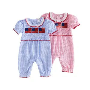 Infant Baby Girl 4th of July Romper American Flag Embroidery Ruffled Short Sleeve Smocked Jumpsuit Patriotic Outfit 0-18 Months