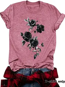 Women's Vintage Rose Animal Print Casual Fitted Summer Top, Round Neck Short Sleeve T-Shirt, Comfortable Breathable, S-Xxl