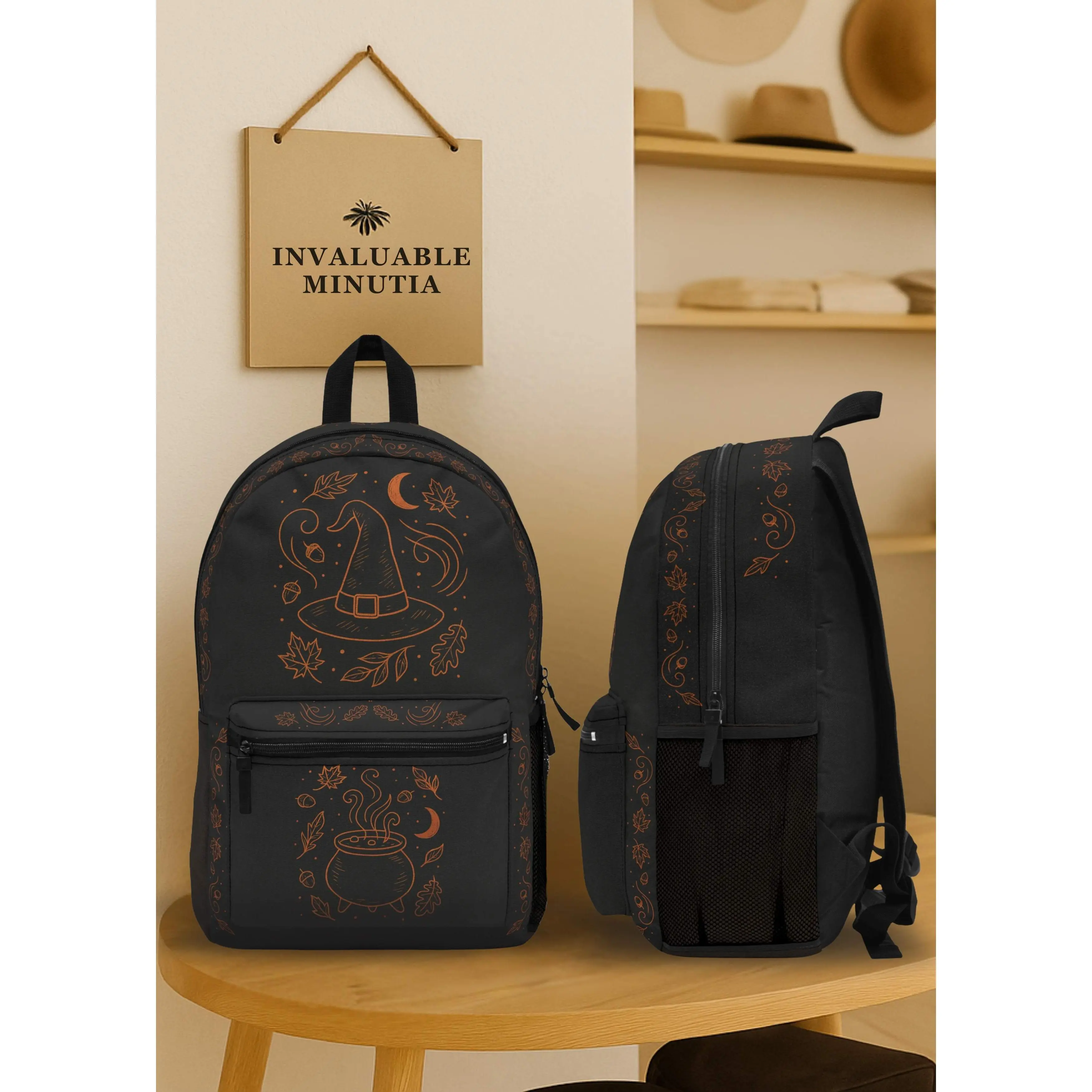 Witchy Autumn Backpack – Premium Black & Orange Fall Witch Hat and Cauldron Design