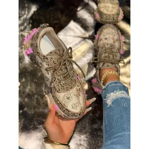 Trendy Bling Sneakers with Ditsy Floral Pattern, Thick Sole Design for Height Increase, Casual Street Style Shoes for All Seasons