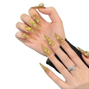 E86 [Drunk Gold Fan] Golden heavy industry rich wind wealth burst cat eye pure manual press on-nails.french tip nail.handmade nail Hex Cut Glitter party press