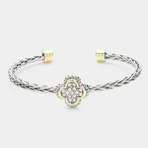 Stone Paved Quatrefoil Pointed Two Tone Braided Metal Cuff Bracelet with Sparkling Floral Centerpiece for Everyday Elegance