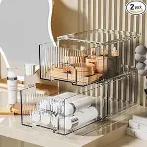2 Pack Striped Stackable Acrylic Makeup Drawers Organizer, Clear Acrylic Cosmetic Storage Makeup Organizer Box with Drawers for Skincare Vanity Bathroom Pantry Organization Stackable