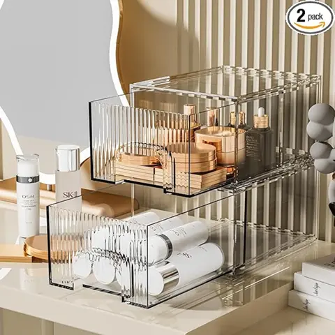 2 Pack Striped Stackable Acrylic Makeup Drawers Organizer, Clear Acrylic Cosmetic Storage Makeup Organizer Box with Drawers for Skincare Vanity Bathroom Pantry Organization Stackable