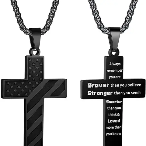 18+2"Cross Necklace for Men - American Flag Pendant Necklace, Christian Confirmation Baptism Gifts, Fits Birthdays & Holidays Crucifix Jewelry