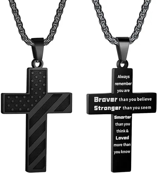 Cross Pendant Necklace for Men Teens Boys, Stainless Steel Bible Verse Flag Jewelry, Patriotic Faith Gift for Graduation, Birthday, Christmas, Easter