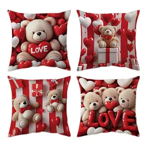 4pcs Valentine's Day pillowcases, featuring a soft and cute teddy bear themed romantic pattern with crystal heart-shaped decoration, 18x18 inch single-sided printed zipper, suitable for living rooms, sofas, and offices (without pillow core)