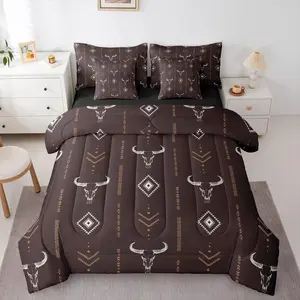 Western Bull Skull Bedding Sets,Adults Boho Southwestern Comforter Set,7 Piece Bed in A Bag,Geometric Comforter,Tribal Ethnic Aztec Arrow Bed Set