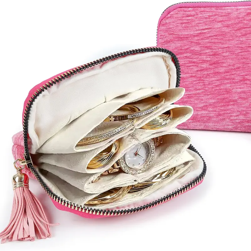 BOOVO Eco-Friendly Jewelry Travel Organizer Storage Case - 4.53" L x 4.53" W x 1.18" H Portable Zippered Pouch for Bracelets, Necklaces, Bangles, Healing Crystals, Earrings, Rings, Christmas Gift for Women