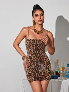 Spring Summer Women's Dress, Sequined Leopard Mesh Strap Short Mini Dress, Elegant Slim-Fitting All over Print, Perfect for All Seasons