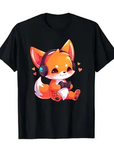 Gamer Fox Kawaii Fox Anime Funny Gaming Cute Fox Video Gamer T-Shirt |   180G Same Style For Men And Women  Summer Short-Sleeved Printed T-Shirt Pure 220G Crew Neck Slight Stretch Regular Fit All-Season Vintage Styl