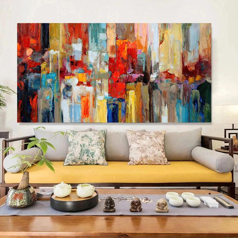 Abstract Colorful City Pattern Unframed Painting, Modern Canvas Wall Art, Wall Decor for Home Living Room Bedroom Office, Ornaments