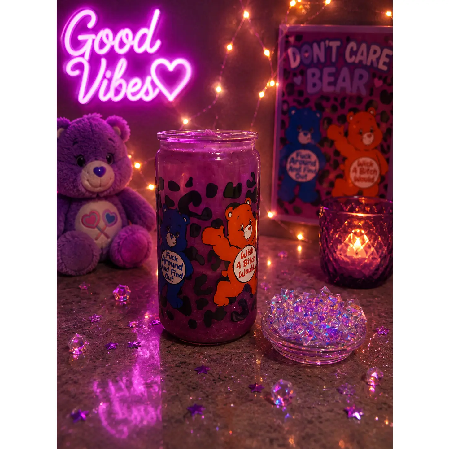 Don’t Care Bear Cat Eye Acrylic Tumbler 💜🐻✨