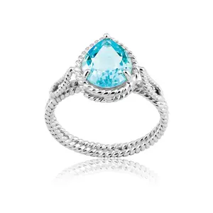 Sterling Silver Pear Shaped Gem, Wire Ring - Blue Topaz size 7