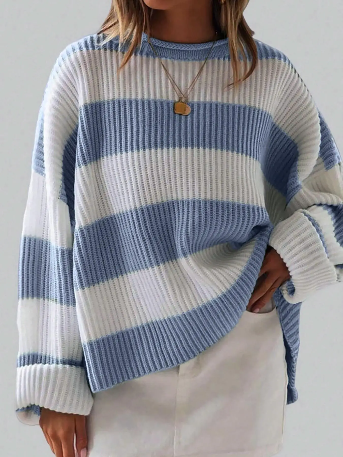 Women's Colorblock Striped Print Drop Shoulder Sweater, Casual Long Sleeve Round Neck Jumper for Fall & Winter, Fashion Ladies' Knitwear for Daily Wea