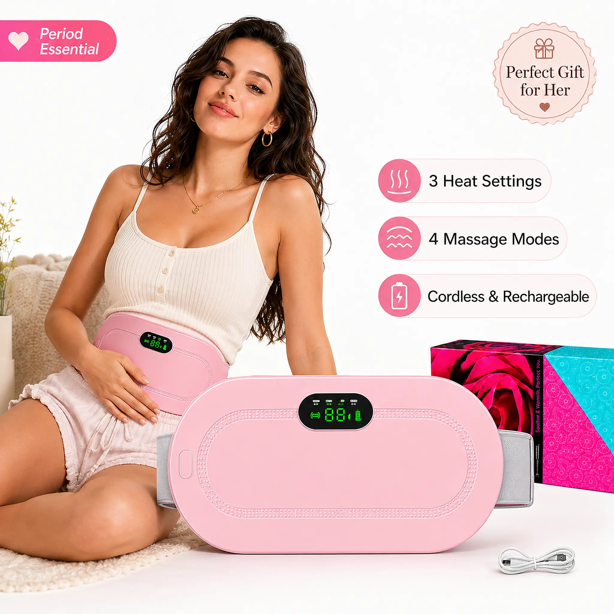 Women's Adjustable Wireless Rechargeable Menstrual Heating Pad Belt PVC Vibration Massage Multiple Heat Levels Smart Uterus Warmer Cordless Electric Waist Belt Abdominal Massager Period Cramps Relief Winter New Year Valentine's Christmas Gift