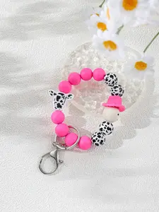 Western Cow Print Beaded Wristlet and Lanyard - Aesthetic Mama and Cowboy Motif Key Ring - Functional Hands-Free Bag Charm - Versatile Identity Gift Keychain Wristlet
