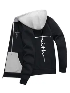 Men's Autumn Winter Personalized Letter Print Long Sleeve Pocket Color Block Zipper Hooded Jacket Fashion Casual Outdoor Top Color Block Hat Sports Suitable for Street Travel Vacation Outdoor Commuting Camping Holiday Wear Menswear Outerwear