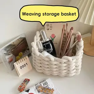 Multipurpose Woven Storage Basket Thick Rope Design for Desk Organization Bathroom Essentials Picnic Prep Home Shelf Storage Cotton White