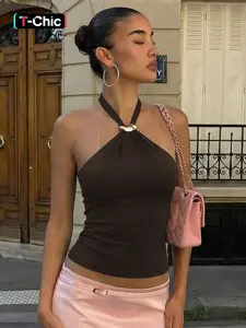 Women's Solid Color Metal Decor Tie-neck Halter Cami Top, Sexy Backless Sleeveless Lace-up Basic Plain Slim Fit Camisole Tank Top, Party Club Date Holiday Daily Casual Crop Tops Shirt For Ladies All Seasons Summer Fashion Clothes Wear