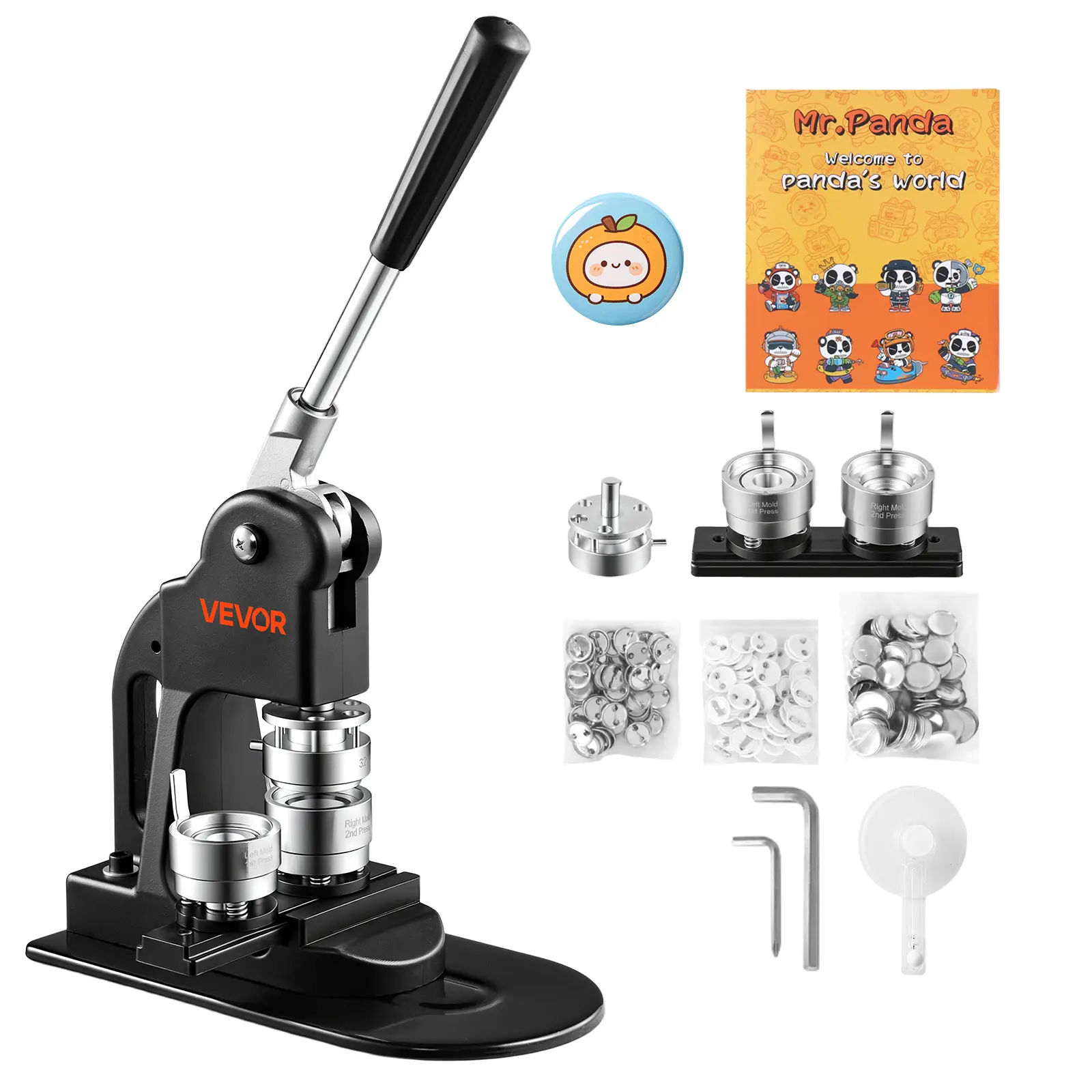 VEVOR Button Maker Machine 1.25"/32 mm Pin Maker 500pcs Button Parts Black, with Circle Cutter, Magic Book, and Hex Wrenches, Ergonomic Handle, for DIY Badges, Pins, Fridge Magnets and Key Chains
