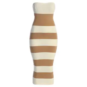 Ivory/Beige Striped Strapless Midi Dress