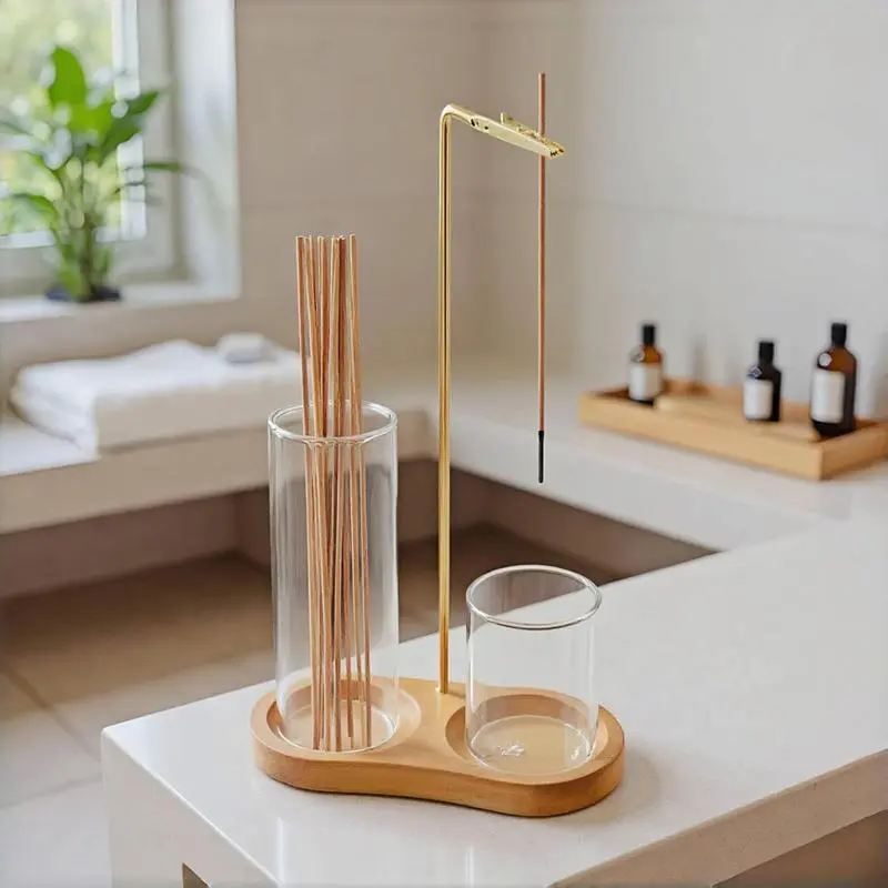 Wooden Incense Burner & Candle Holder, 2-in-1 Aromatherapy Holder with Removable Glass Ash Catcher and Adjustable Metal Clip, Minimalist Home Fragrance Decor for Bedroom, Living Room, Yoga Room and Desk