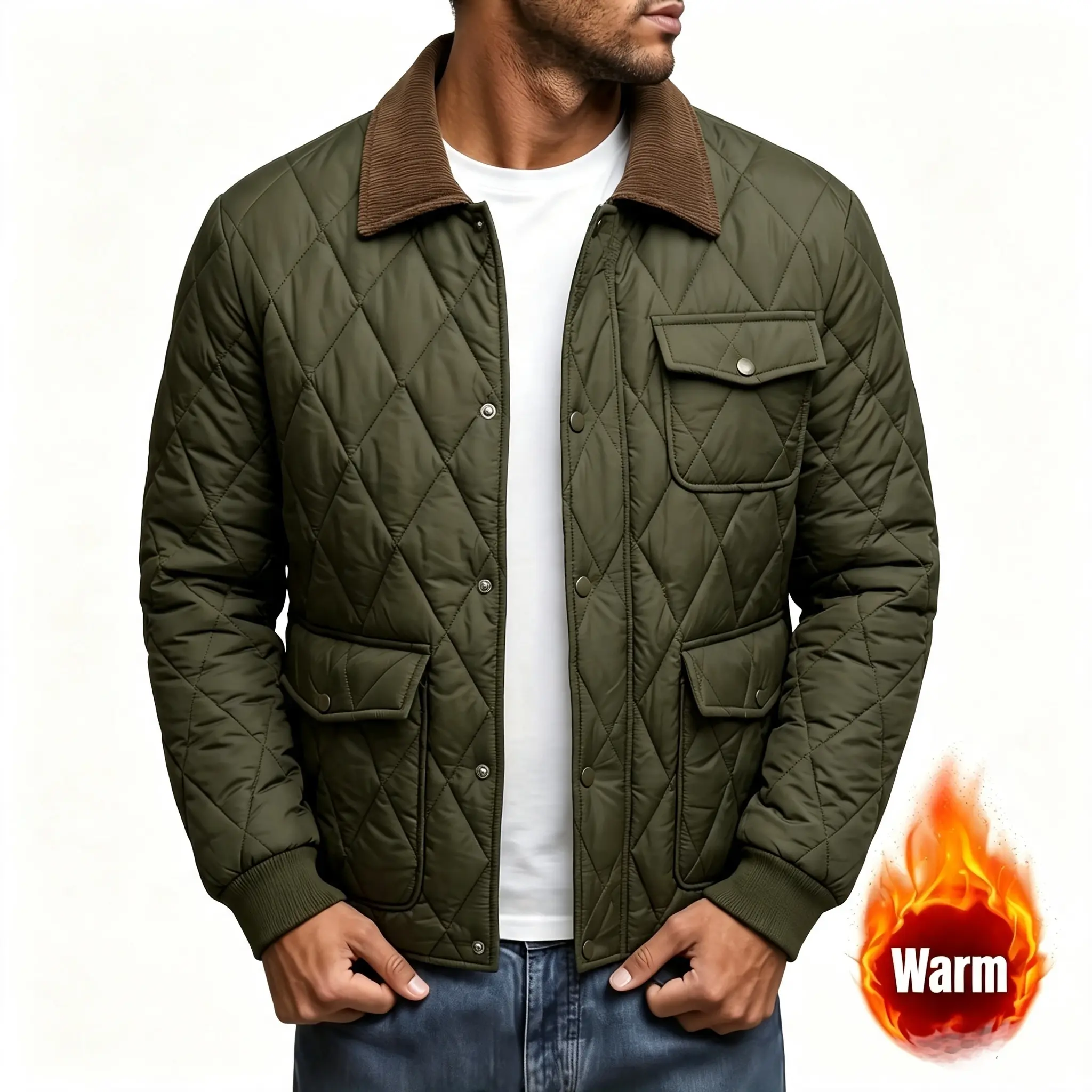 Men’s retro corduroy jacket with a turn-down collar and diamond quilting, solid-color lightweight jacket, multi-pocket casual outerwear suitable for outdoor winter leisure and everyday wear.