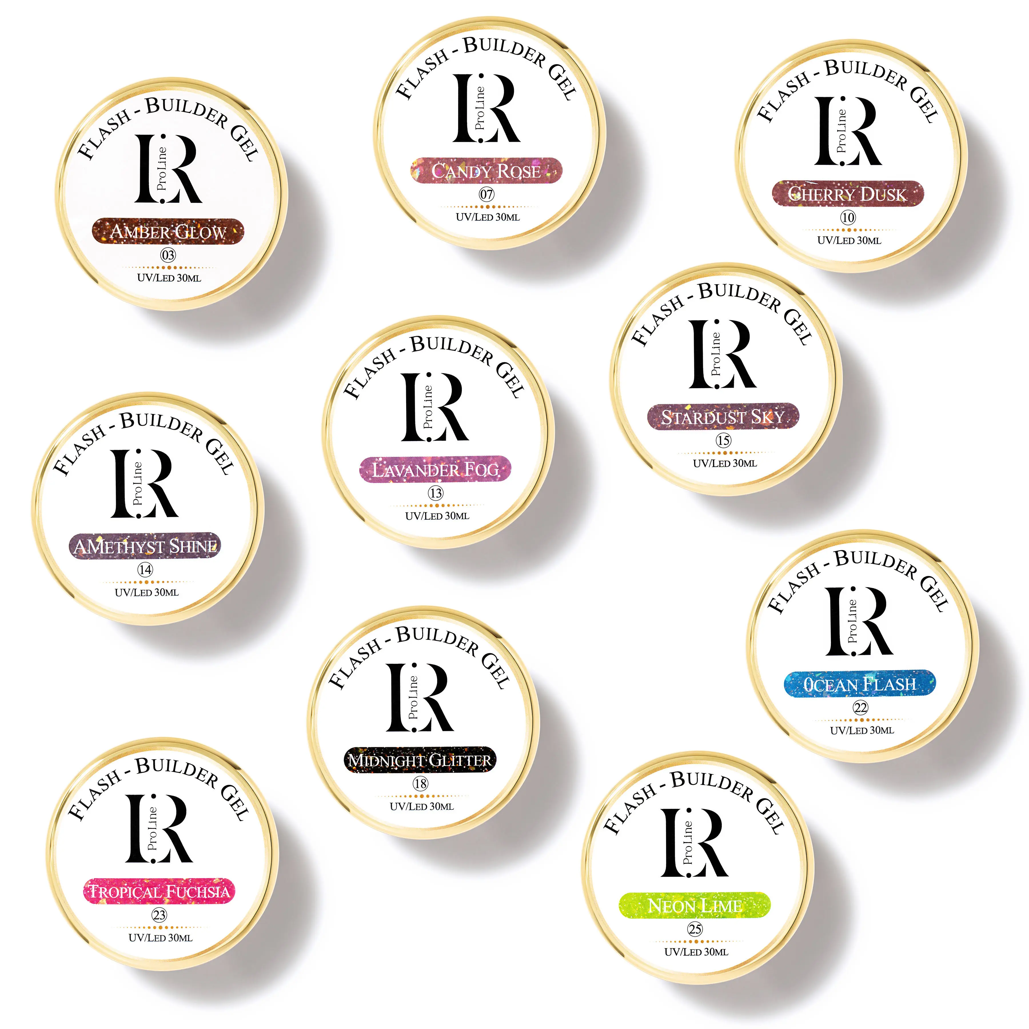 LR PRO LINE Flash Builder Gel Multi-Pack, 30ml Reflective Glitter Shimmer UV/LED Nail Gel for Strong Overlays & French Tips, Professional Manicure Supplies