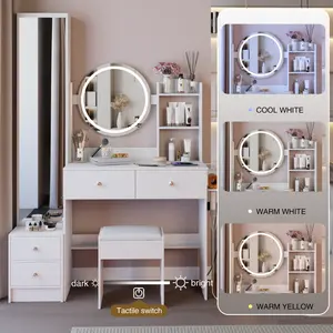 [SOIYELIFE] Full Body Mirror Cabinet + Round Mirror LED Vanity Table + Cushioned Stool, With 2 AC + 2 USB Power Station,17" diameter D Mirror, Touch Control, 3-color, Brightness adjustab, Large Desktop makeup  vanity  storage