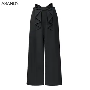 ASANDY High-Waisted Wide-Leg Pants - Oversized Bow Front Detail | Elegant Office & Party Trousers