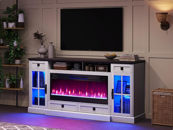 AMERLIFE 70“ Fireplace TV Stand for 80 Inch TV,Farmhouse TV Stand with 42" Fireplace & LED Lights,Entertainment Center with Storage/Christmas Gift