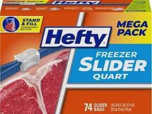 Hefty Mega Pack Freezer Slider Quart Bags 74 Count BPA-Free Easy Open Close MaxLock Track Food Storage Protects Against Freezer Burn