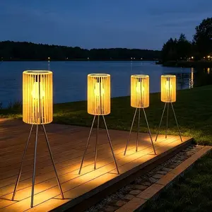 1pc of Rattan Woven Solar Floor Lamp, Outdoor Garden Deck Light, Spring Outdoor Restaurant Table Atmosphere Lighting Fixture, Two Installation Modes, Light Source Induction Control, 3 Kinds of Height Adjustable