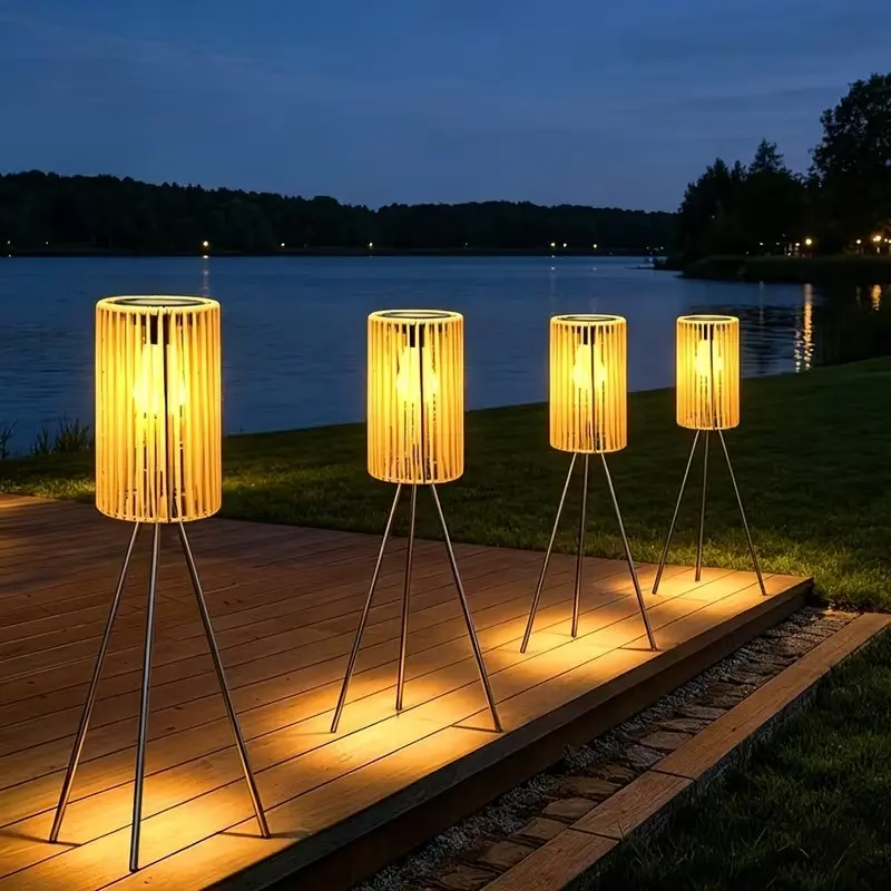 1pc Rattan Woven Solar Floor Lamp, Outdoor Lights Lamps, Outdoor Garden Deck Solar Lights, Spring Outdoor Restaurant Table Lighting Fixture, Two Installation Modes, Induction Control, Height Adjustable