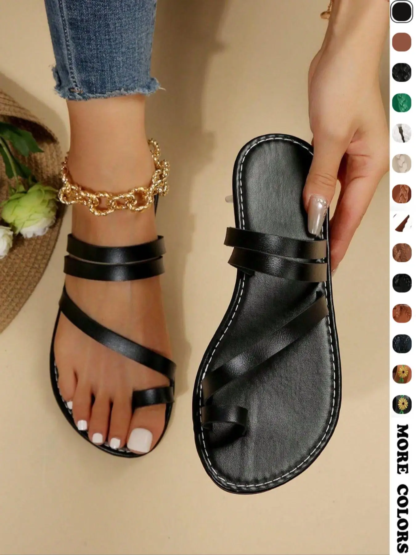 Women's Fashionable Plain Color Casual Trendy Strap Sandals, Black Summer Beach Sandals, Casual Comfortable Flat Toe Sandals for Beach Vacation, All-m