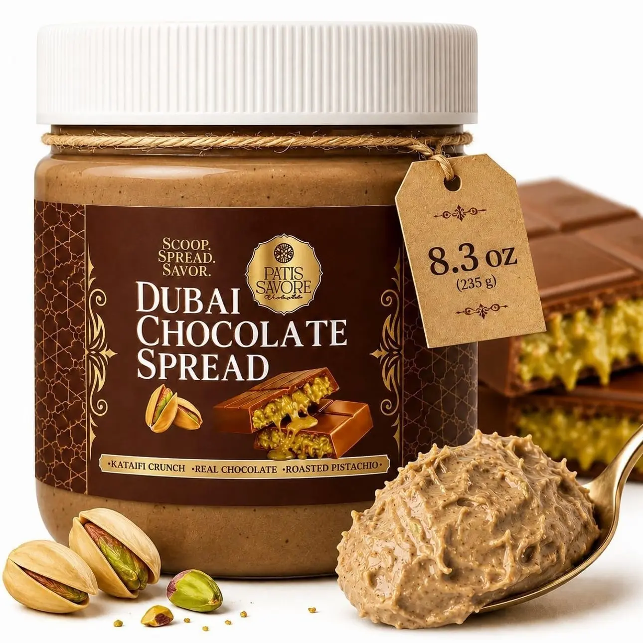Dubai Chocolate Spread 8.3 oz with Pistachio Cream & Kataifi, Belgian Chocolate