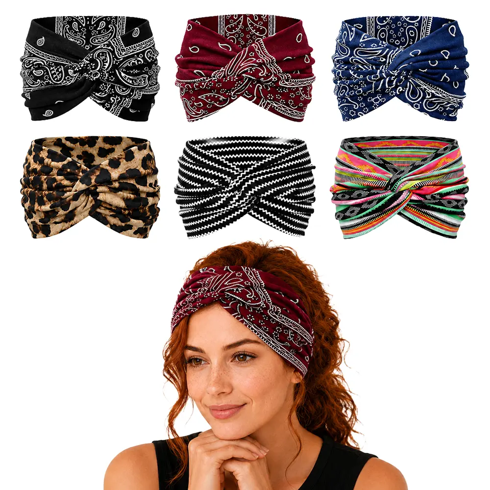 6PCS Wide Twist Knot Headbands for Women, Stretchy Turban Hair Bands Set, Solid Color Boho Head Wraps for Yoga, Workout, Makeup, Travel & Everyday Wear