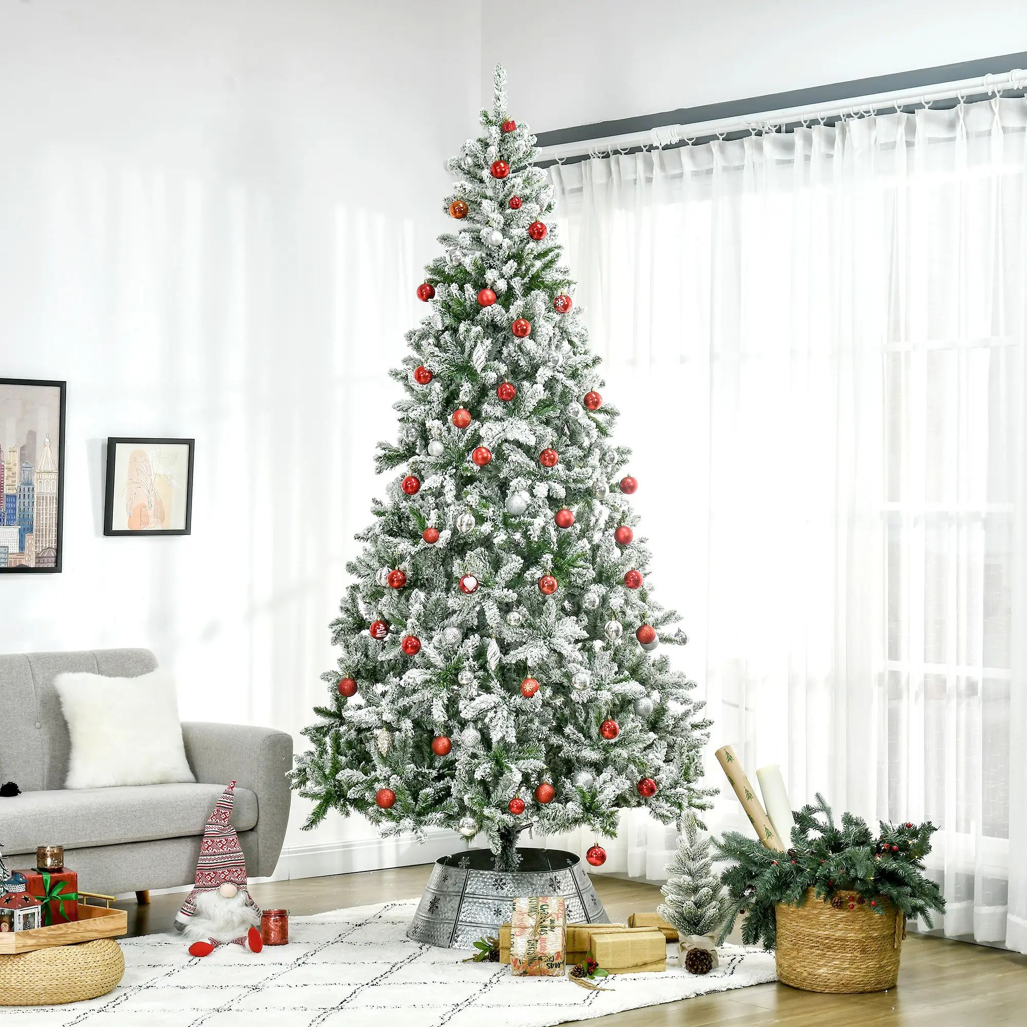 9ft Tall Unlit Snow Flocked Pine Artificial Christmas Tree with Realistic Branches Green for Living Room Corner Fireplace Auto Open